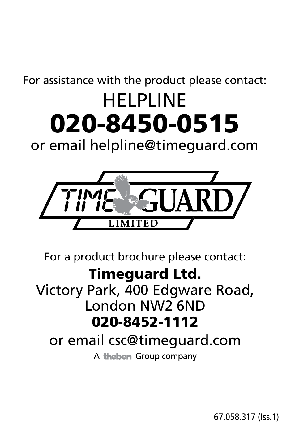 Helpline | Timeguard TG77 User Manual | Page 12 / 12