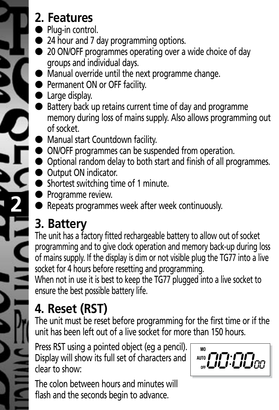 Features, Battery, Reset (rst) | Timeguard TG77 User Manual | Page 3 / 12