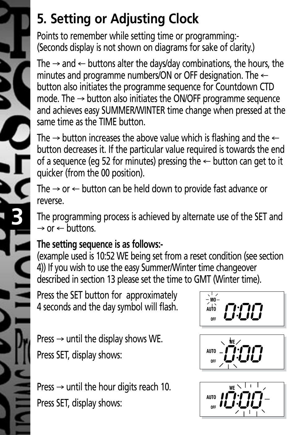 Setting or adjusting clock | Timeguard TG77 User Manual | Page 4 / 12