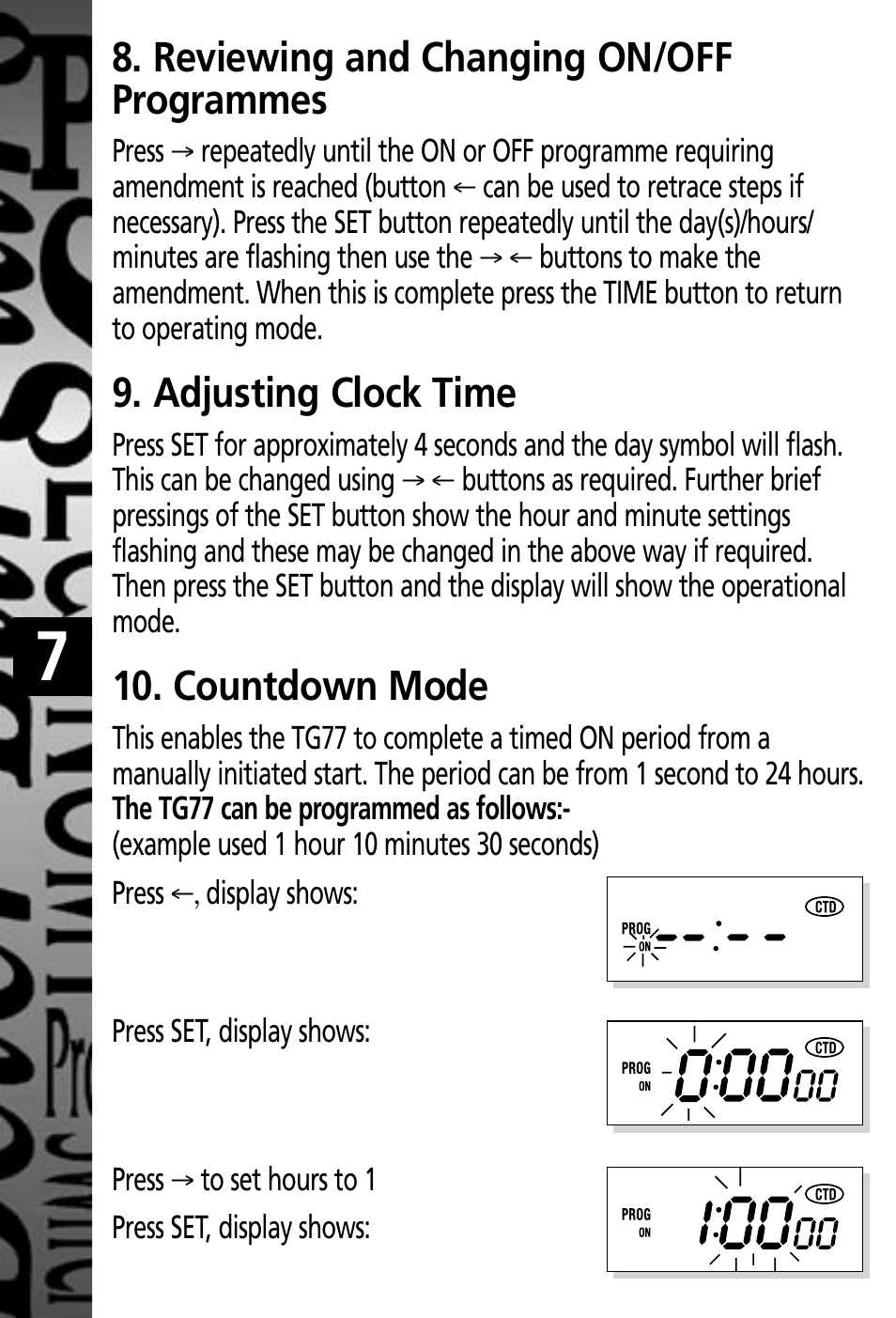 Reviewing and changing on/off programmes, Adjusting clock time, Countdown mode | Timeguard TG77 User Manual | Page 8 / 12