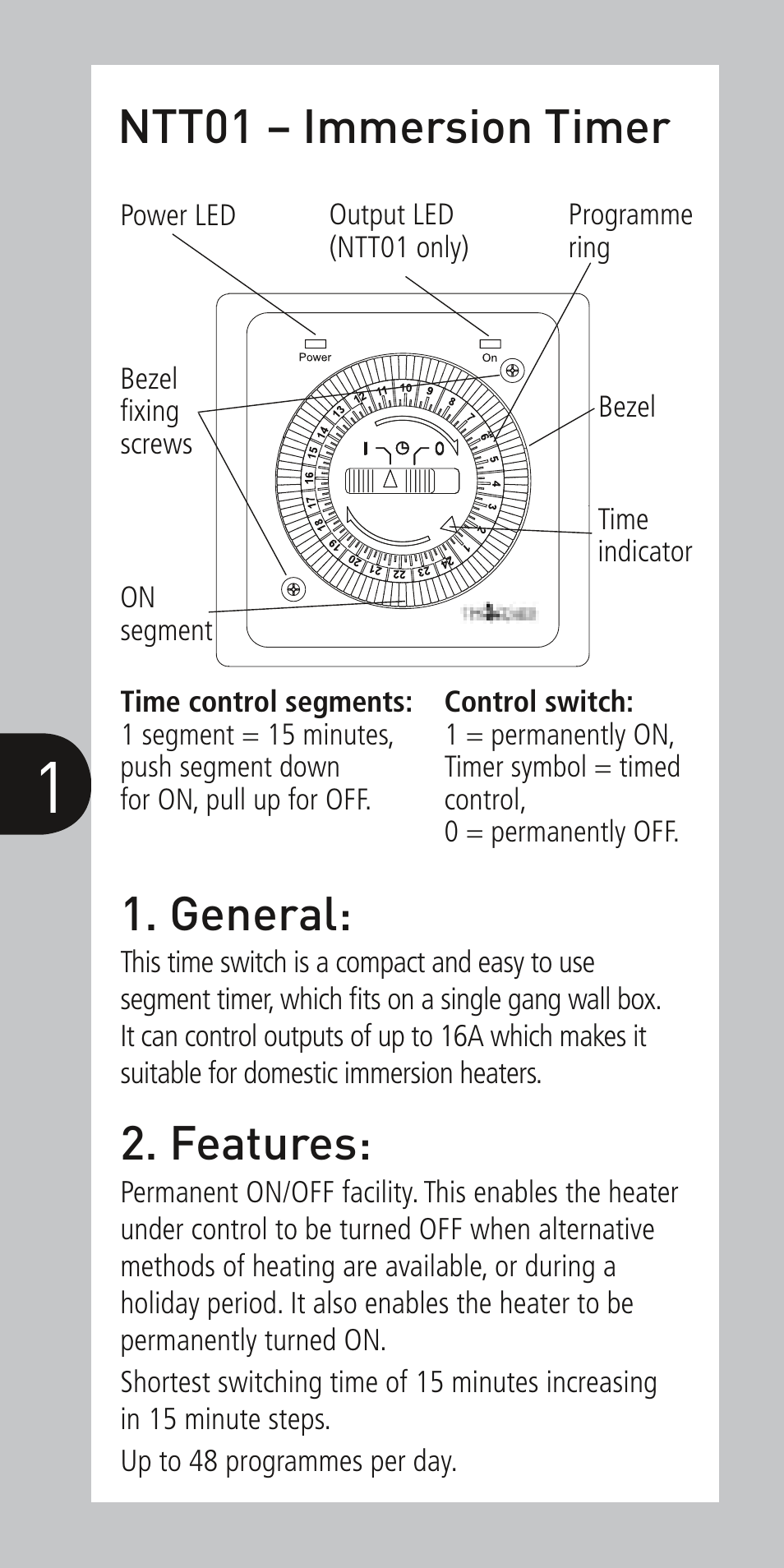 Features, General, Ntt01 – immersion timer | Timeguard NTT01 User Manual | Page 2 / 6