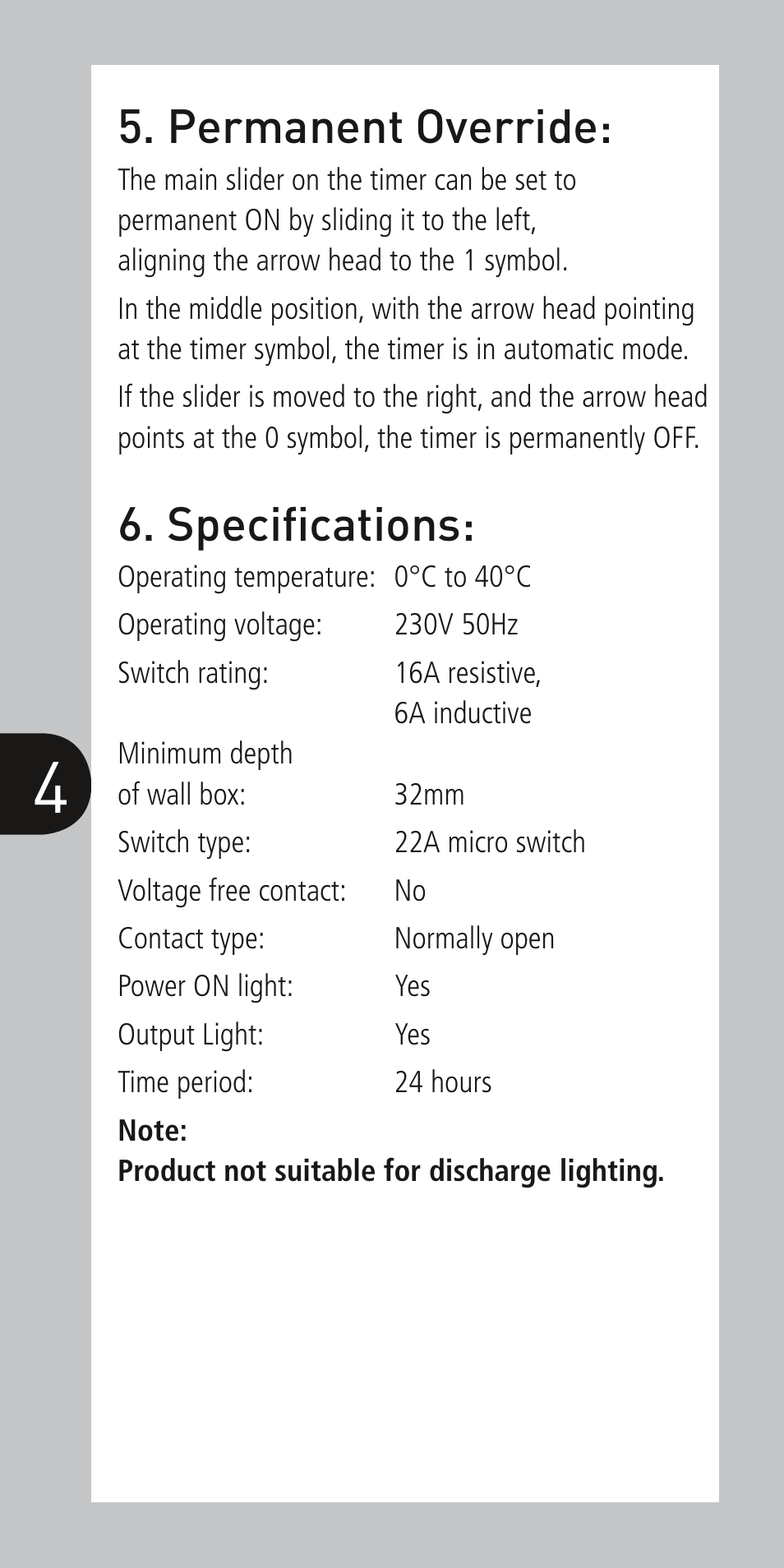 Specifications, Permanent override | Timeguard NTT01 User Manual | Page 5 / 6