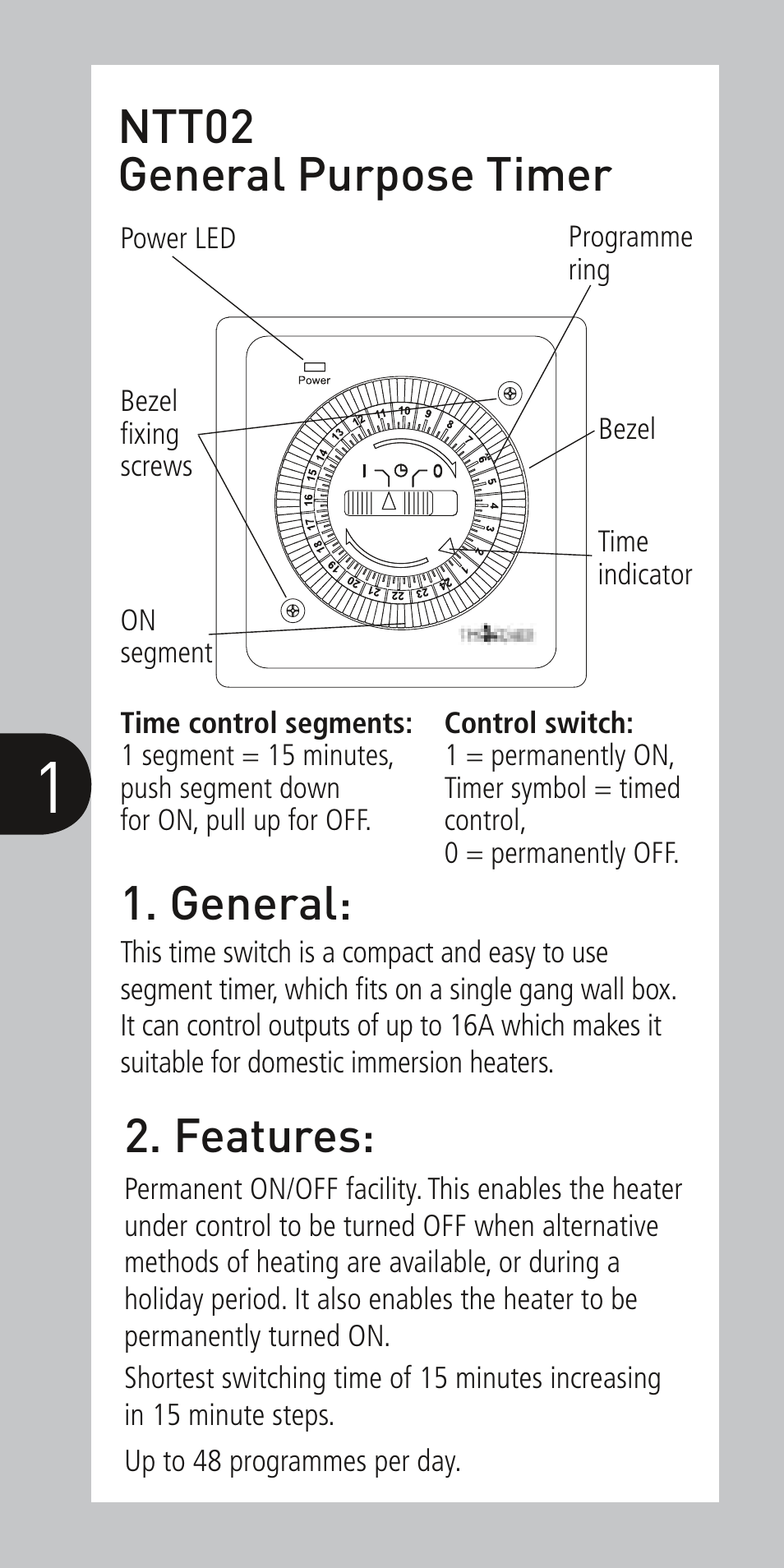 Features, General, Ntt02 general purpose timer | Timeguard NTT02 User Manual | Page 2 / 6