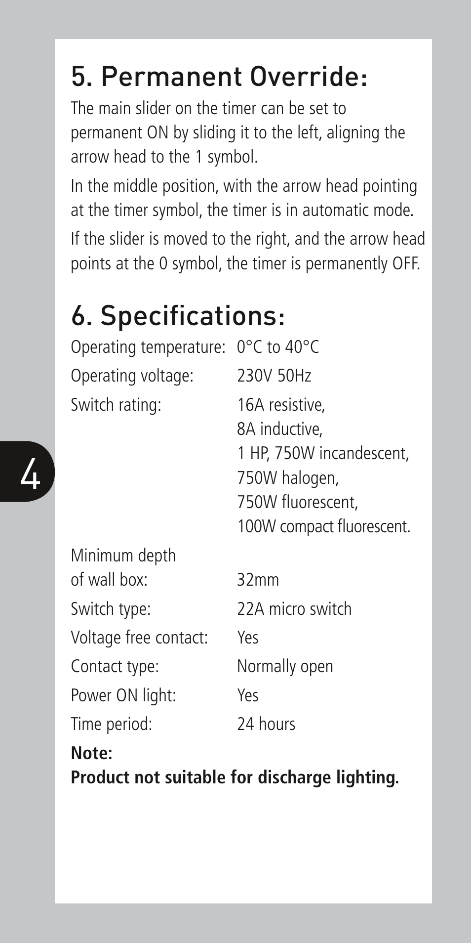 Specifications, Permanent override | Timeguard NTT02 User Manual | Page 5 / 6