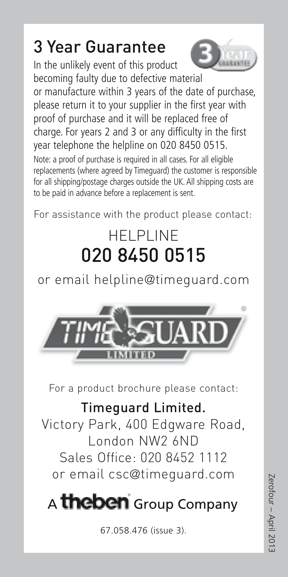 3 year guarantee, Helpline | Timeguard NTT02 User Manual | Page 6 / 6