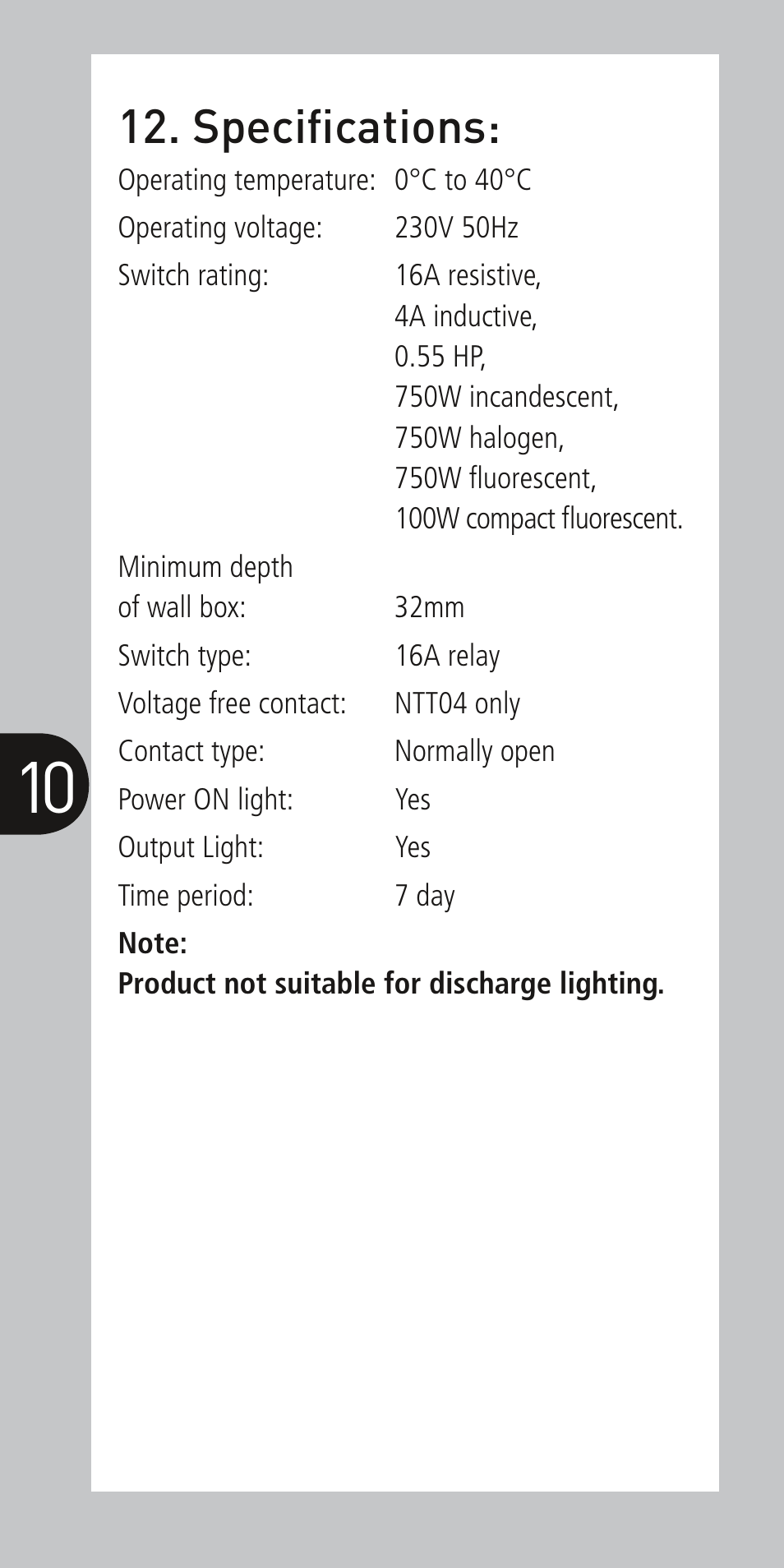 Specifications | Timeguard NTT04 User Manual | Page 11 / 12