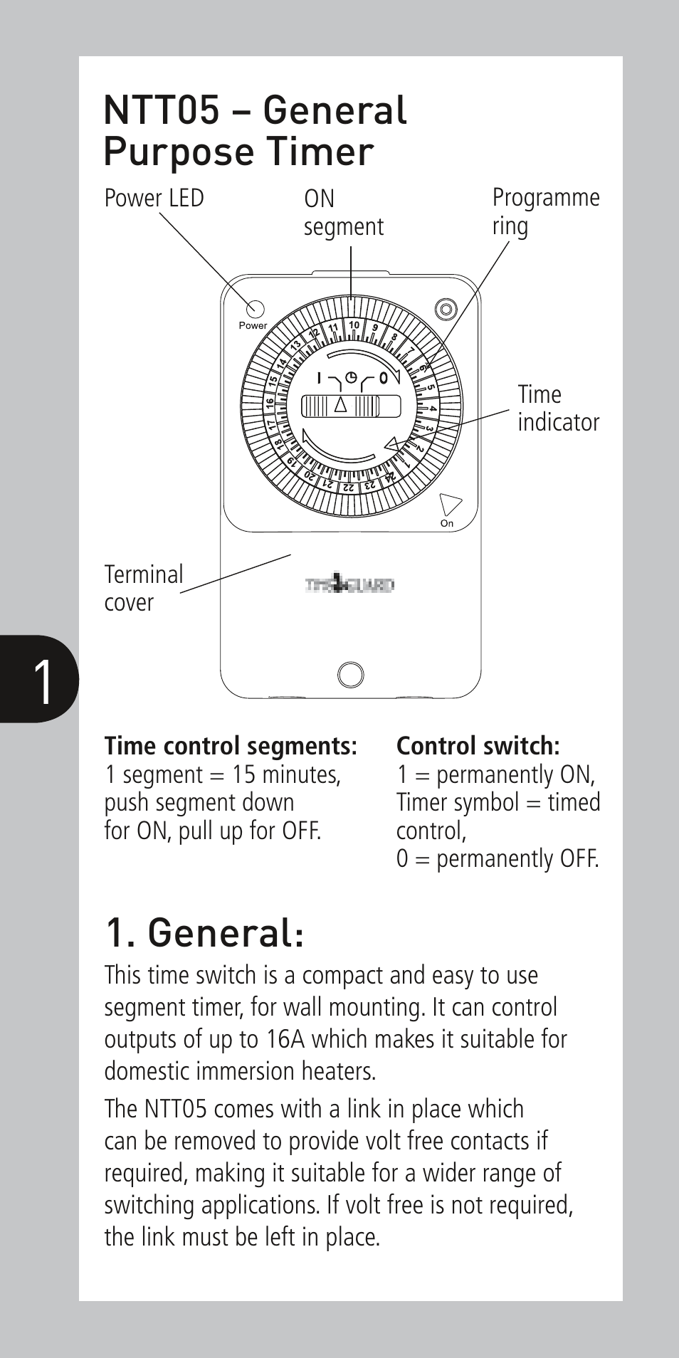 General, Ntt05 – general purpose timer | Timeguard NTT05 User Manual | Page 2 / 6