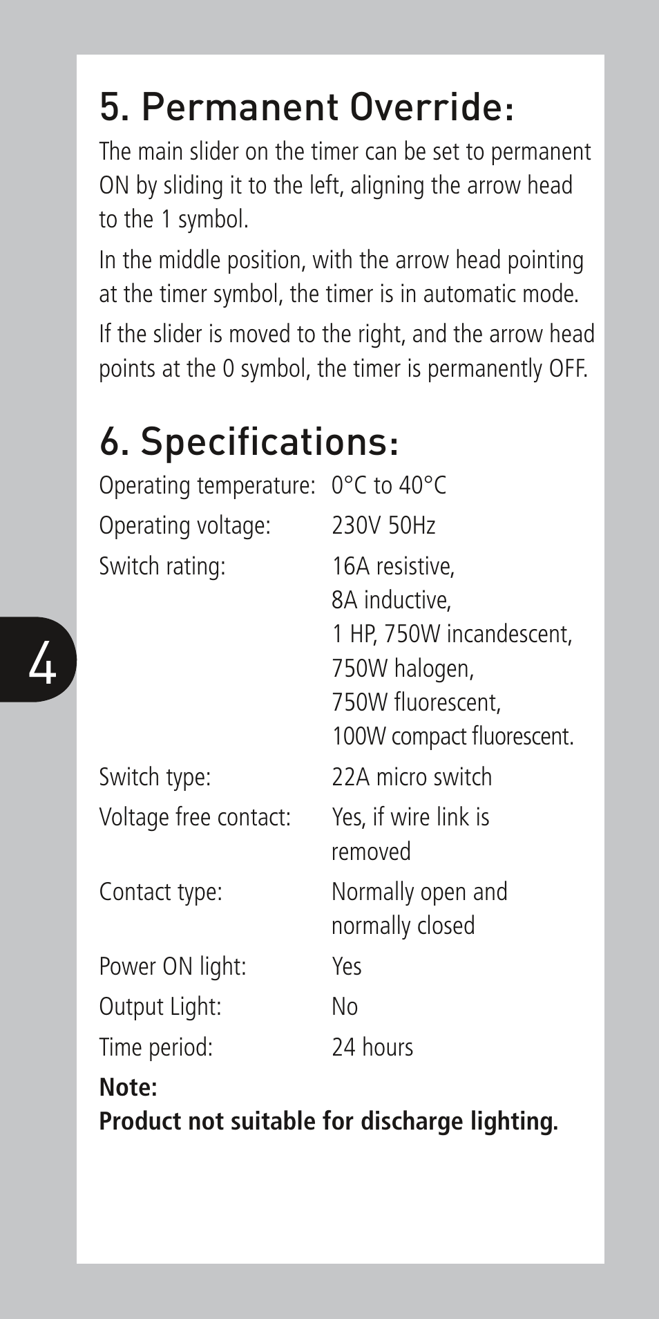 Specifications, Permanent override | Timeguard NTT05 User Manual | Page 5 / 6