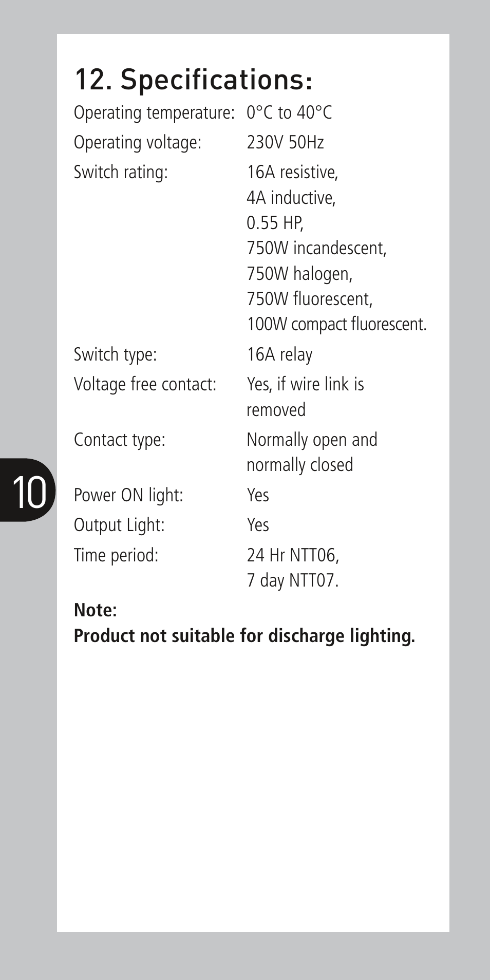 Specifications | Timeguard NTT07 User Manual | Page 11 / 12