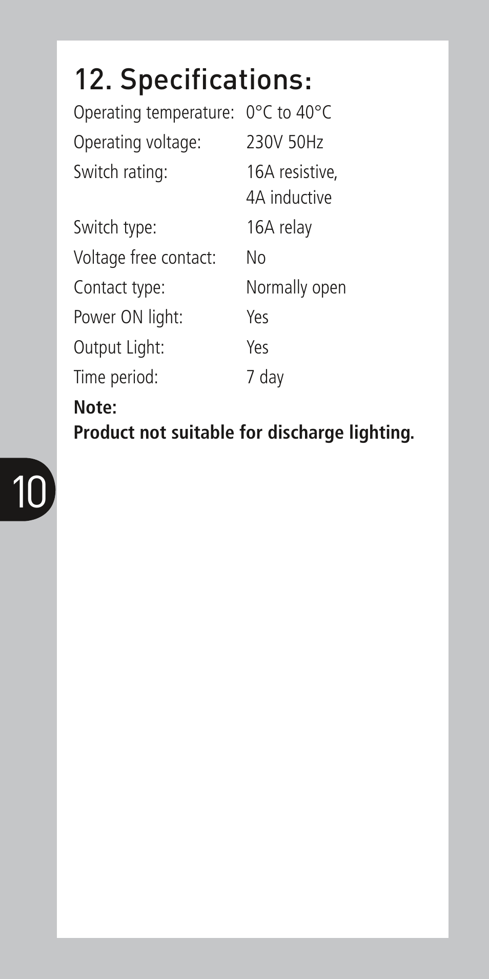 Specifications | Timeguard NTT08 User Manual | Page 11 / 12