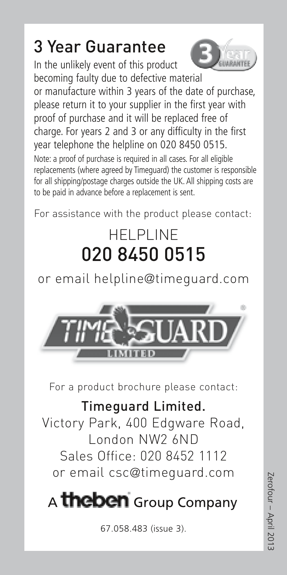 3 year guarantee, Helpline | Timeguard NTT08 User Manual | Page 12 / 12