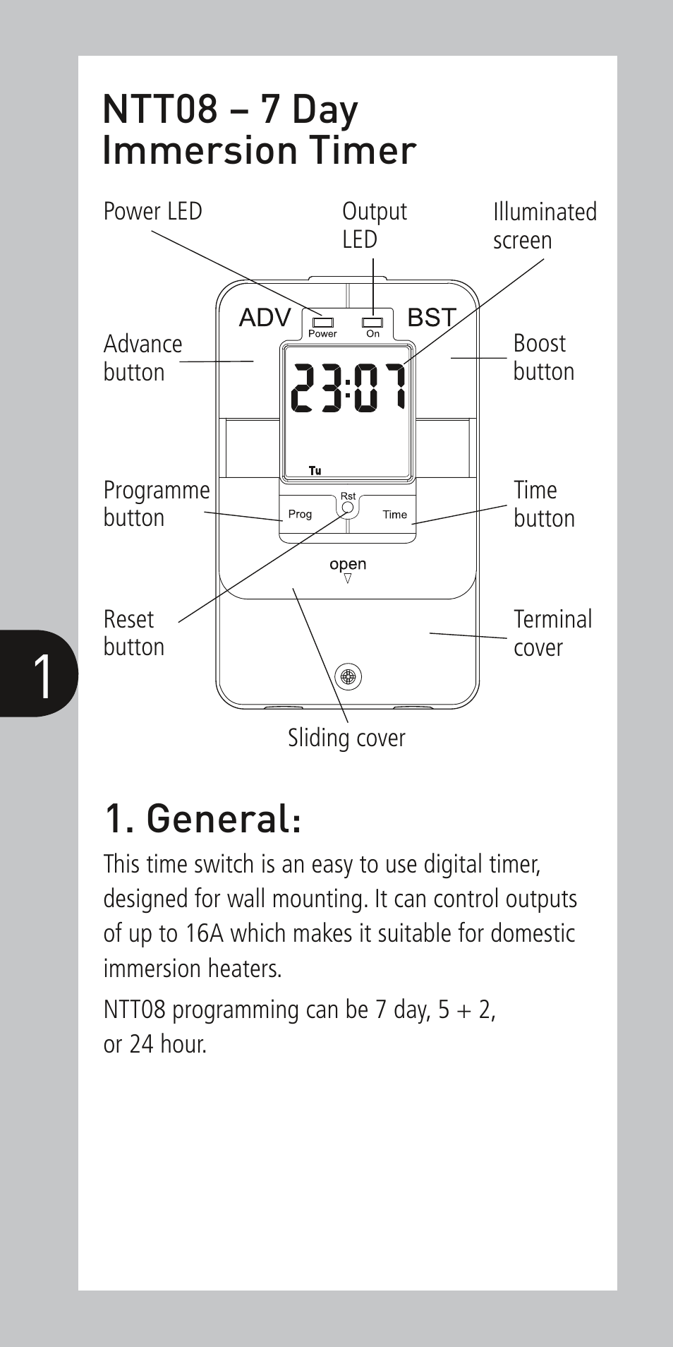 General, Ntt08 – 7 day immersion timer | Timeguard NTT08 User Manual | Page 2 / 12