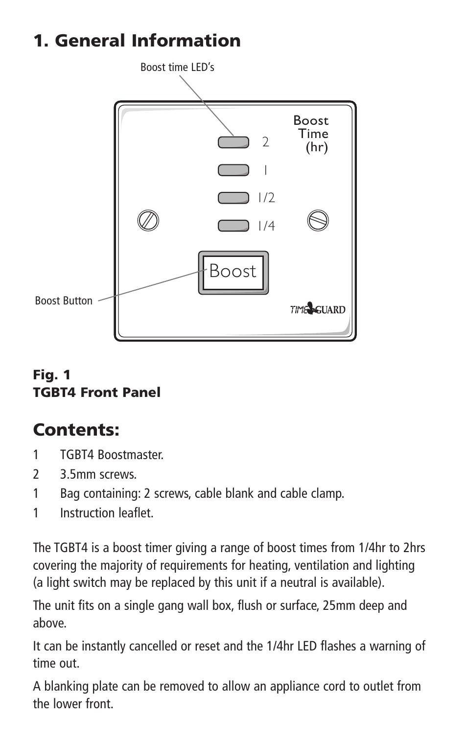 Boost, General information contents | Timeguard TGBT4 User Manual | Page 2 / 6