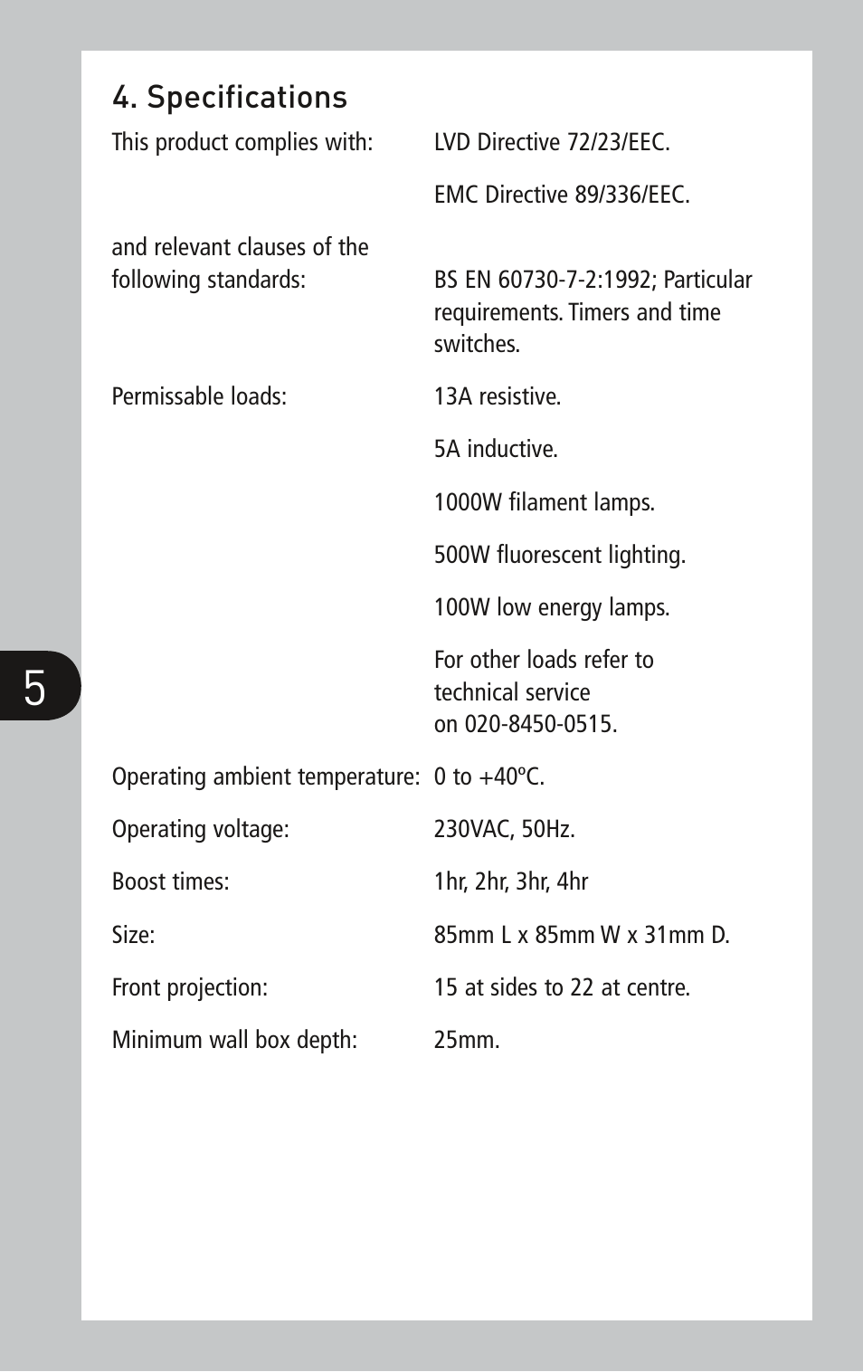 Specifications | Timeguard TGBT5 User Manual | Page 5 / 6