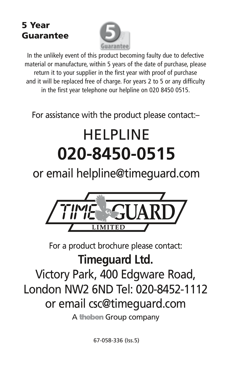 Helpline | Timeguard FST17A User Manual | Page 12 / 12