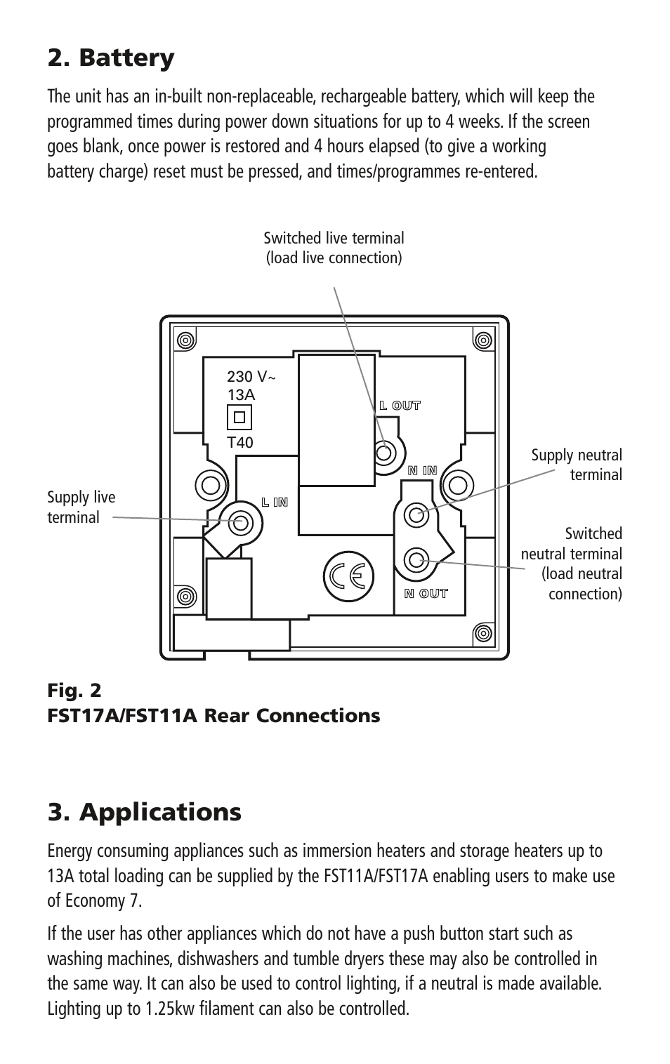 Battery, Applications | Timeguard FST17A User Manual | Page 3 / 12