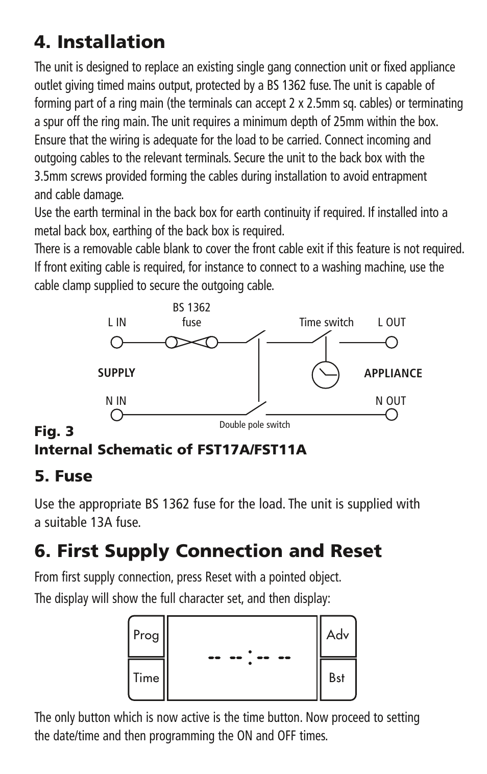 Installation, First supply connection and reset, Fuse | Timeguard FST17A User Manual | Page 4 / 12