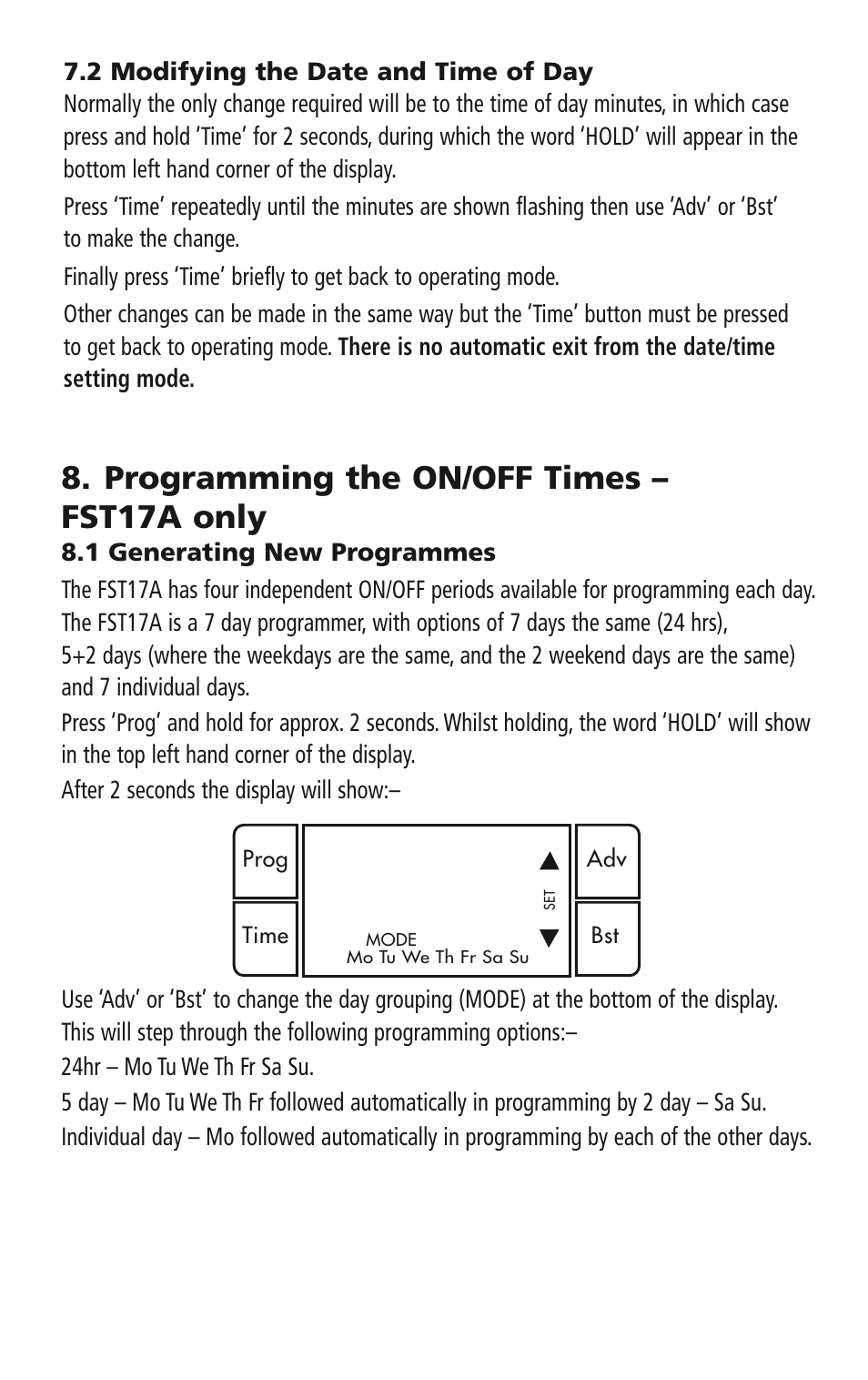 Programming the on/off times – fst17a only | Timeguard FST17A User Manual | Page 7 / 12