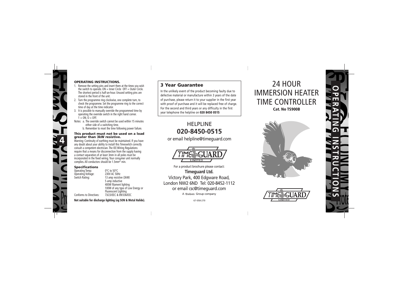 Opera ting instructions, 24 hour immersion heater time controller, Helpline | Timeguard TS900B User Manual | Page 6 / 6