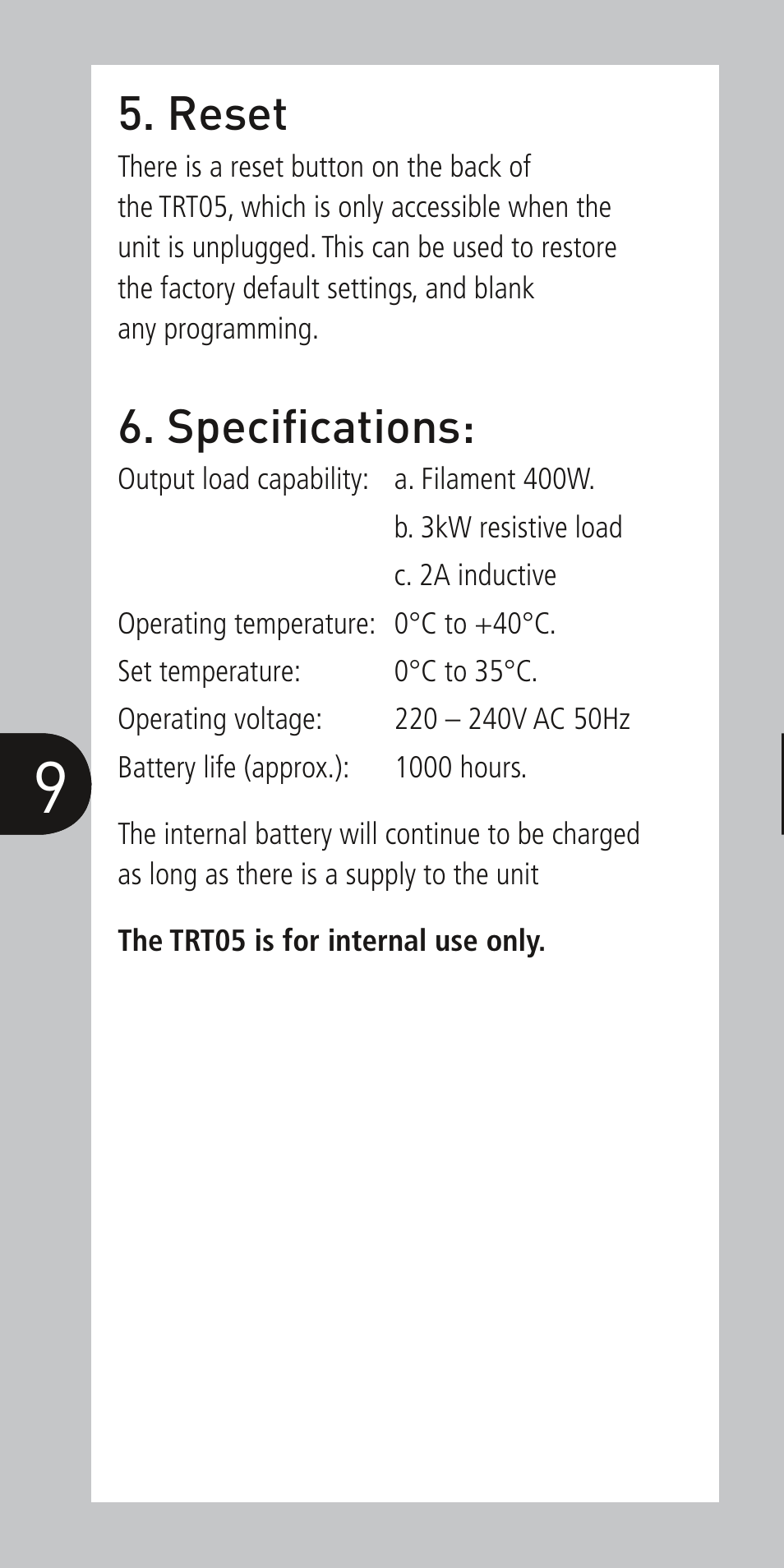 Specifications, Reset | Timeguard TRT05 User Manual | Page 10 / 12