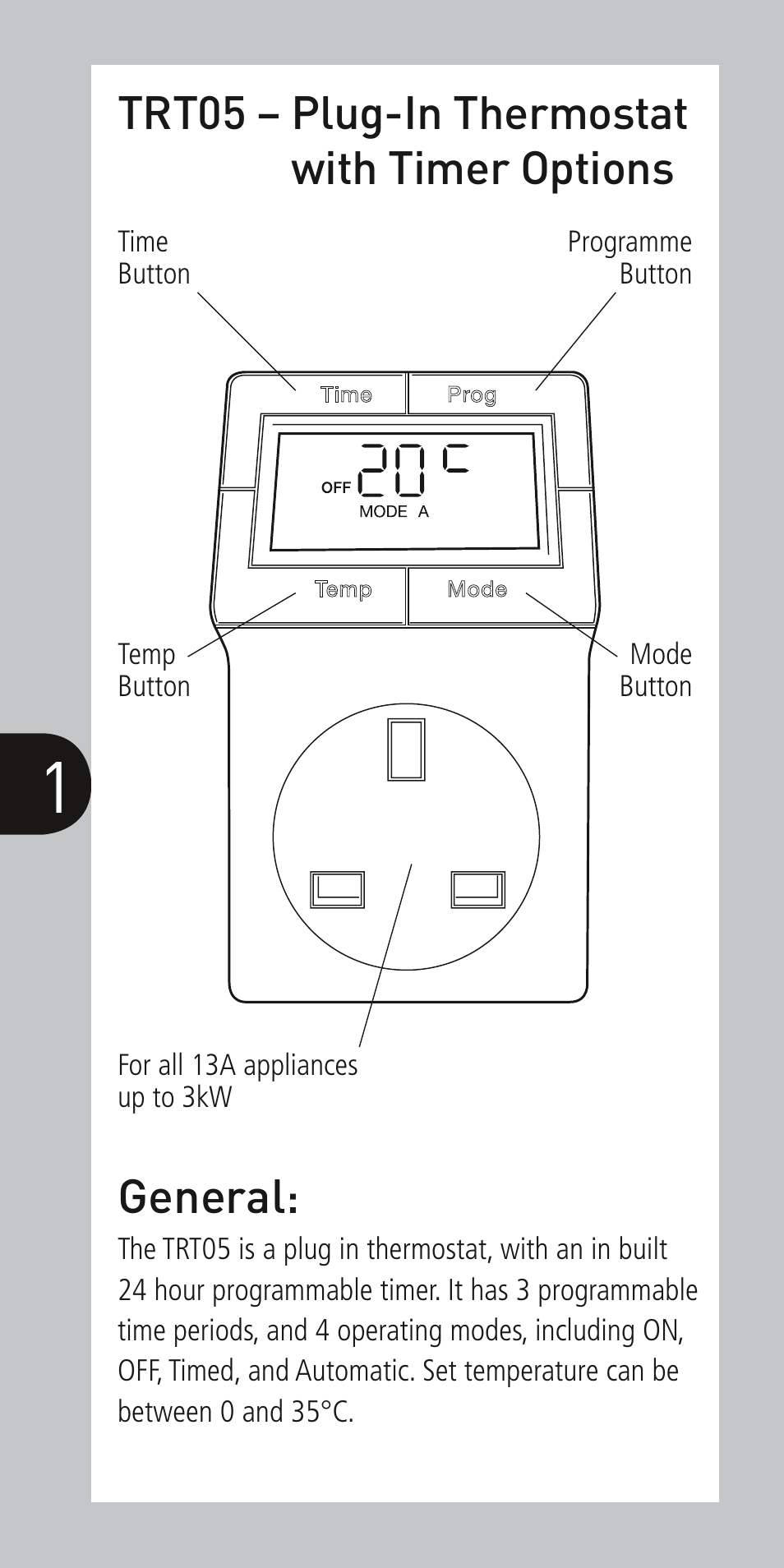 General, Trt05 – plug-in thermostat with timer options | Timeguard TRT05 User Manual | Page 2 / 12