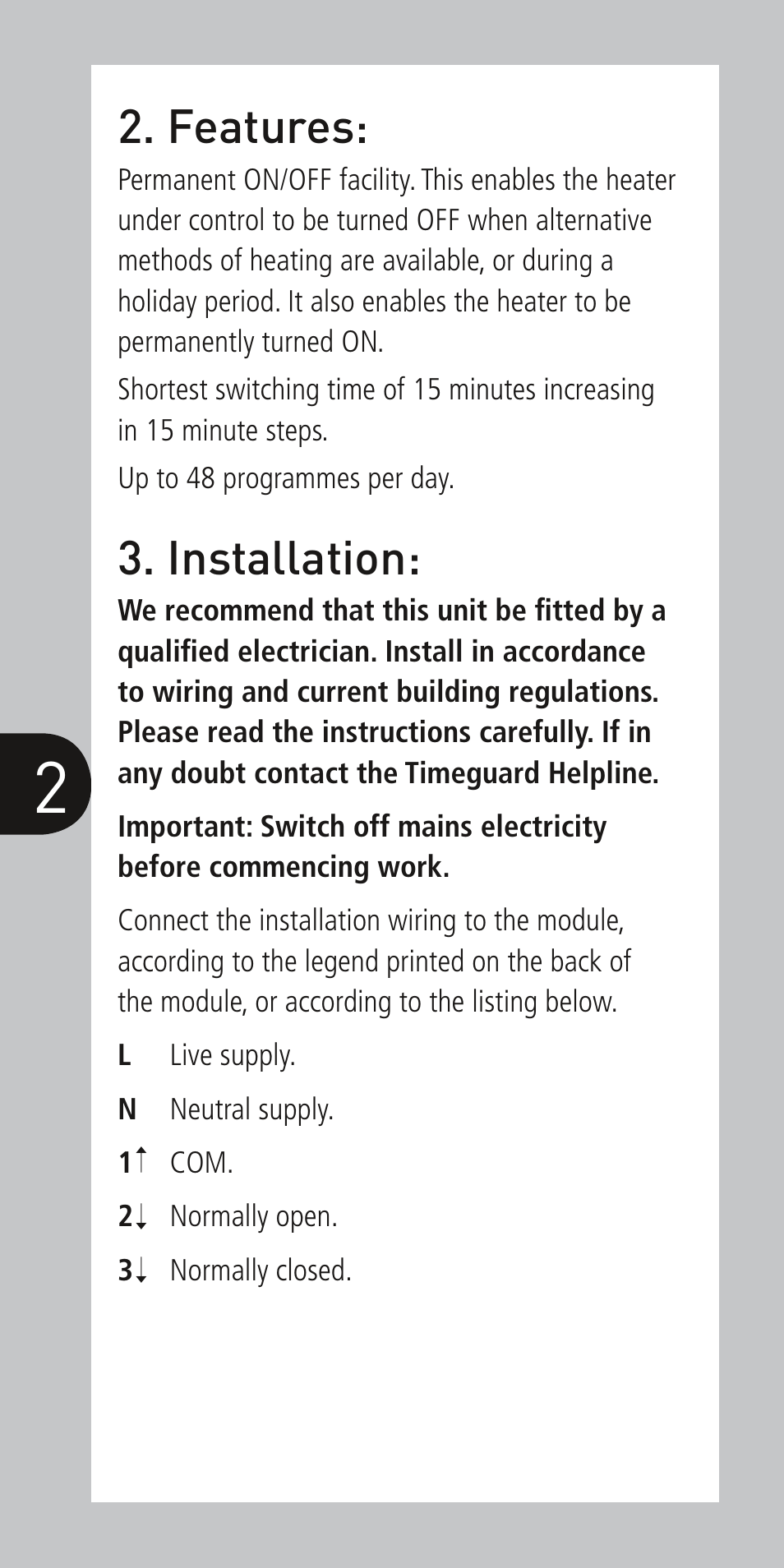 Features, Installation | Timeguard NTM01 User Manual | Page 3 / 6