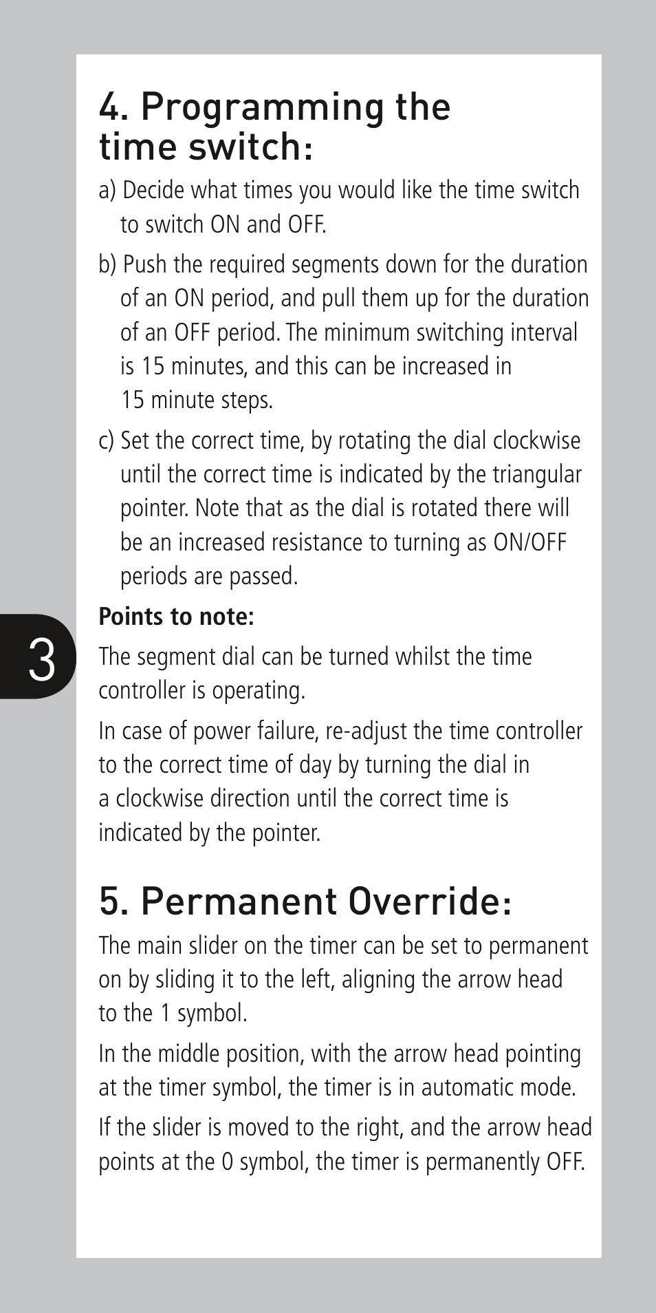 Programming the time switch, Permanent override | Timeguard NTM01 User Manual | Page 4 / 6