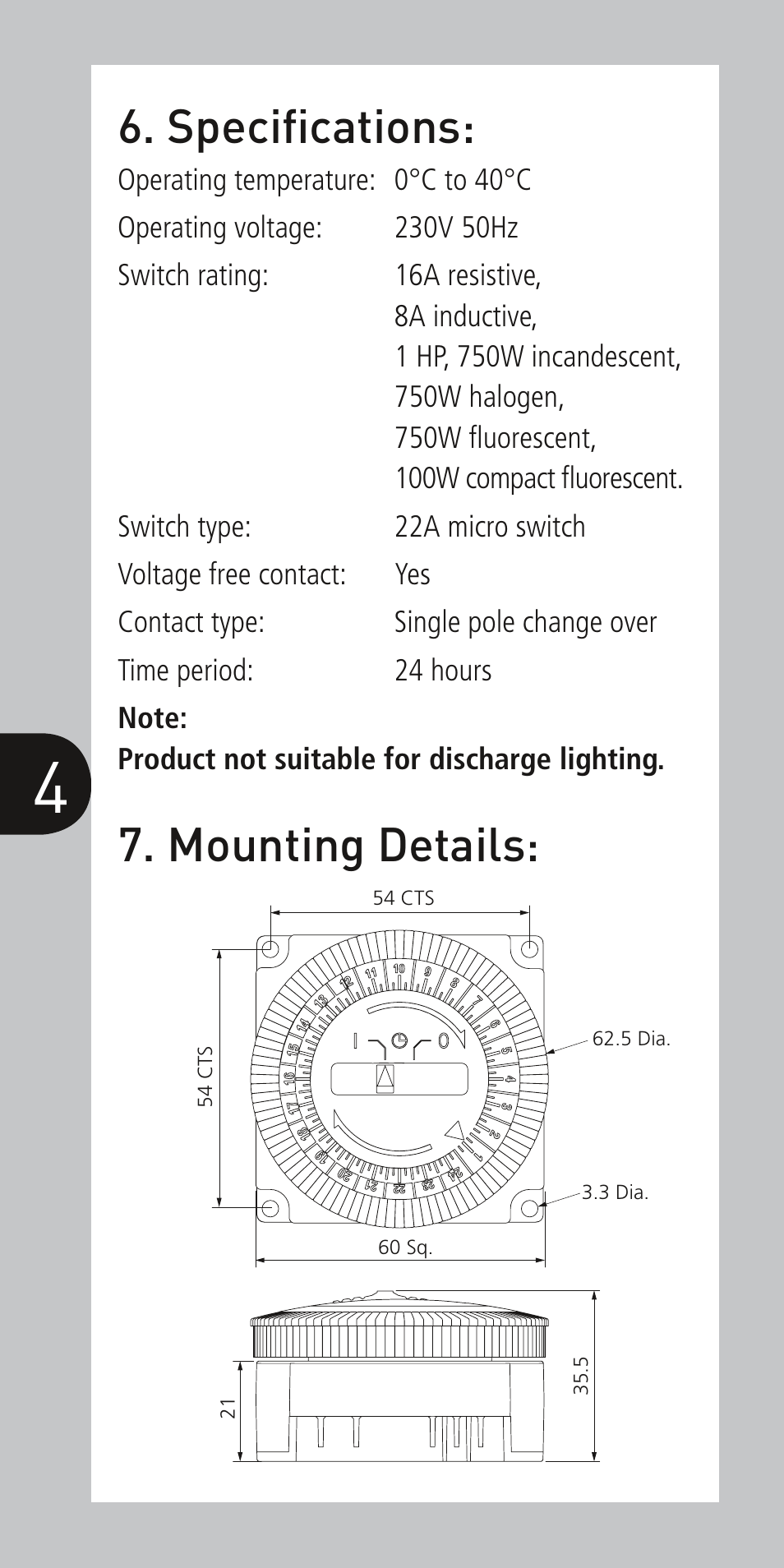Specifications, Mounting details | Timeguard NTM01 User Manual | Page 5 / 6