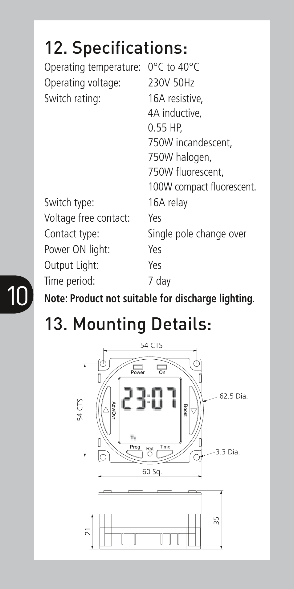 Specifications, Mounting details | Timeguard NTM02 User Manual | Page 11 / 12