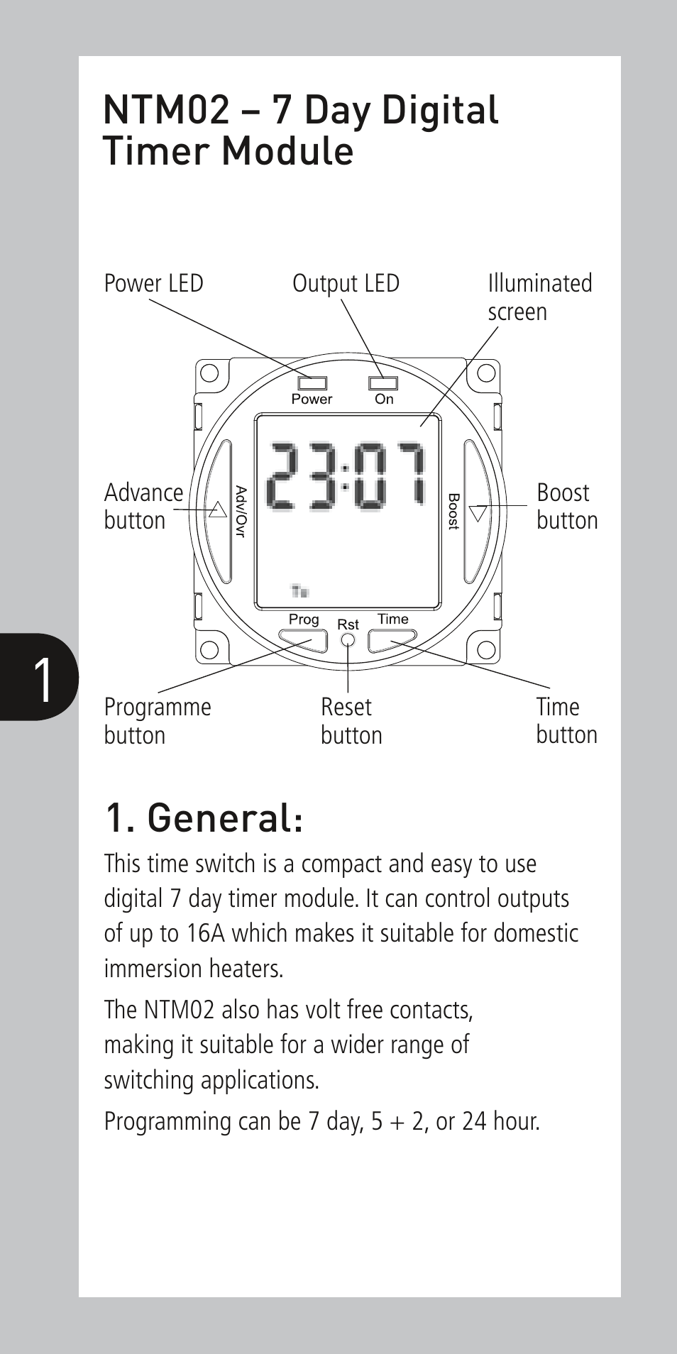 General, Ntm02 – 7 day digital timer module | Timeguard NTM02 User Manual | Page 2 / 12