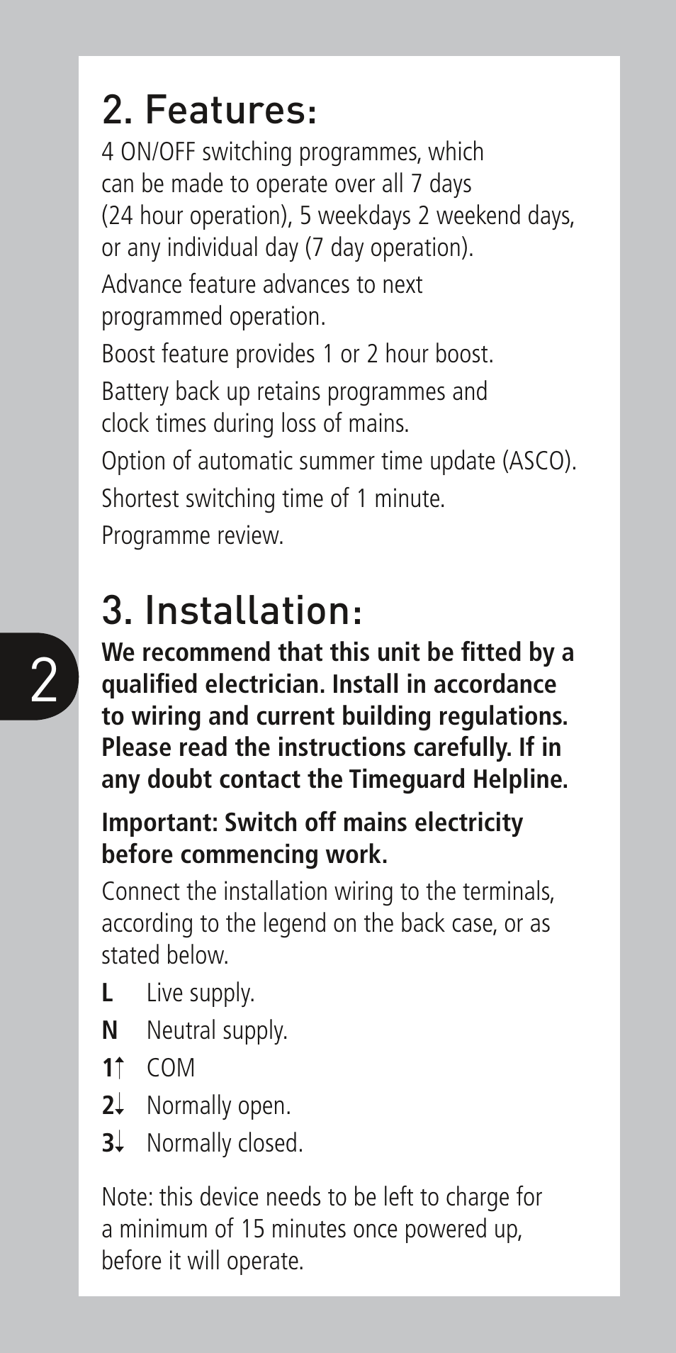 Features, Installation | Timeguard NTM02 User Manual | Page 3 / 12