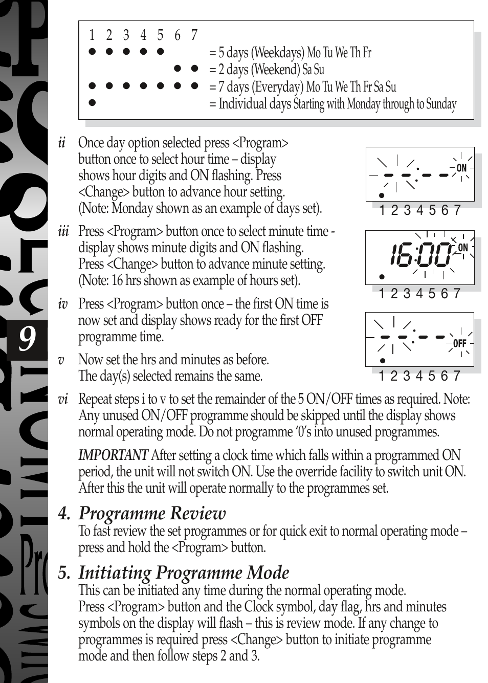 Programme review, Initiating programme mode | Timeguard EL17 User Manual | Page 10 / 12