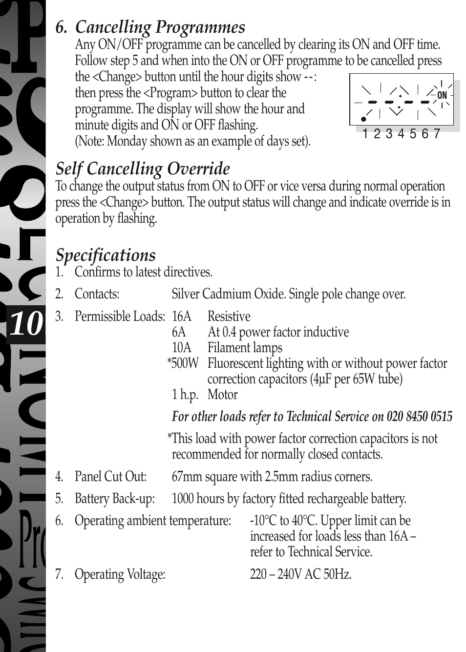 Cancelling programmes, Self cancelling override, Specifications | Timeguard EL17 User Manual | Page 11 / 12