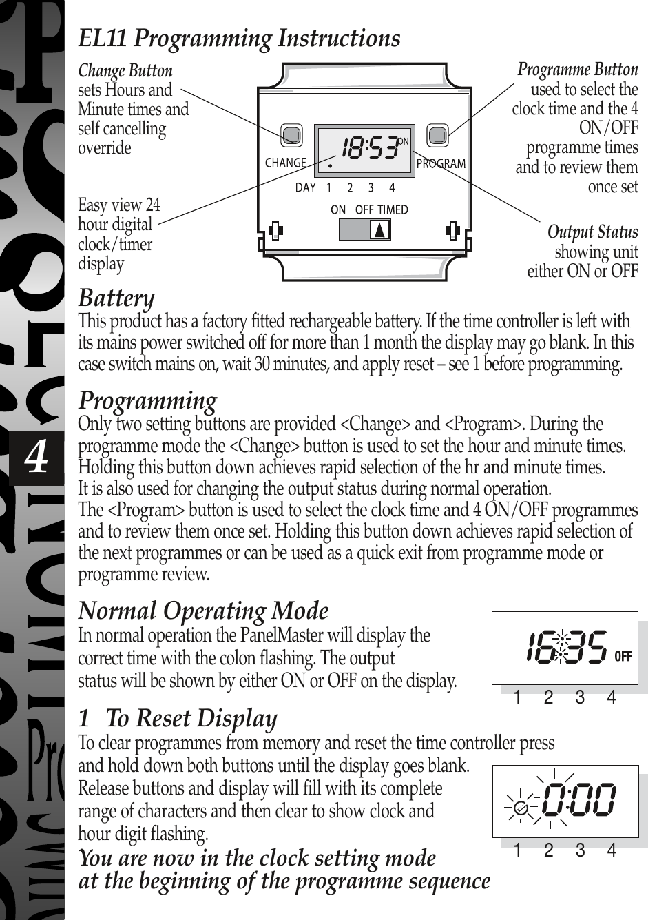 Battery, Programming, Normal operating mode | 1 to reset display, El11 programming instructions | Timeguard EL17 User Manual | Page 5 / 12