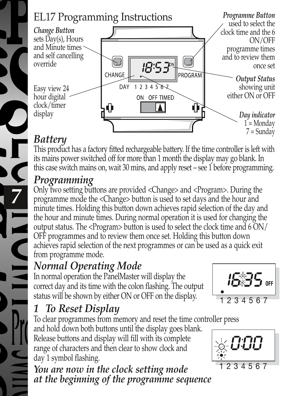 Battery, Programming, Normal operating mode | 1 to reset display, El17 programming instructions | Timeguard EL17 User Manual | Page 8 / 12