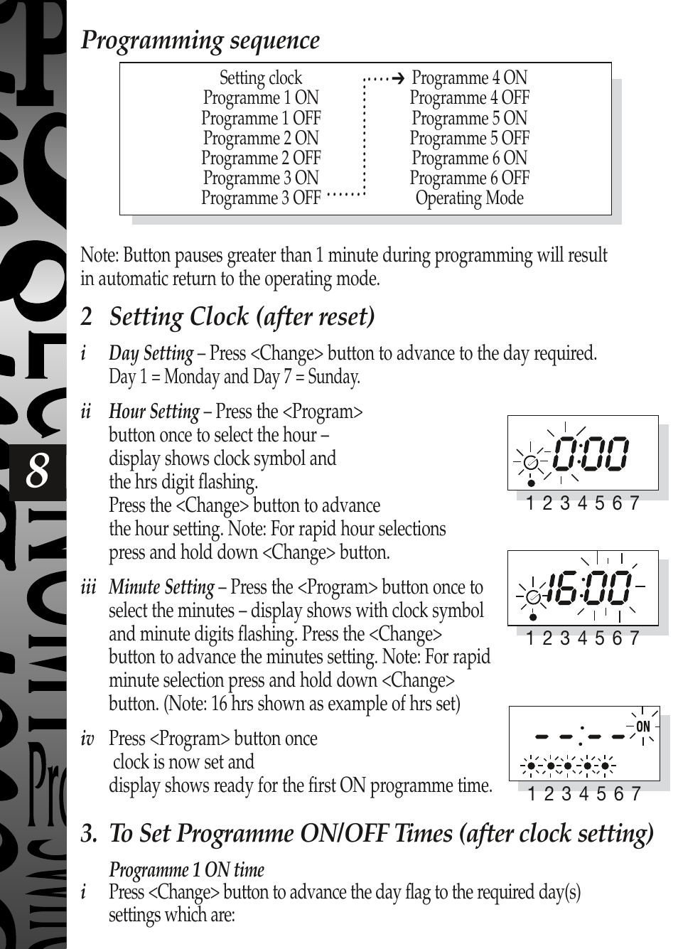 Programming sequence, 2 setting clock (after reset) | Timeguard EL17 User Manual | Page 9 / 12