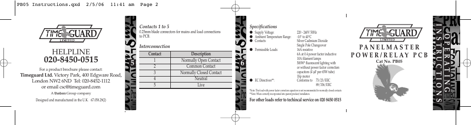 Helpline, 56 opera ting instructions | Timeguard PB05 User Manual | Page 7 / 8