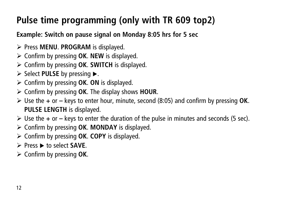 Pulse time programming (only with tr 609 top2) | Timeguard TR 608 top2 User Manual | Page 12 / 24