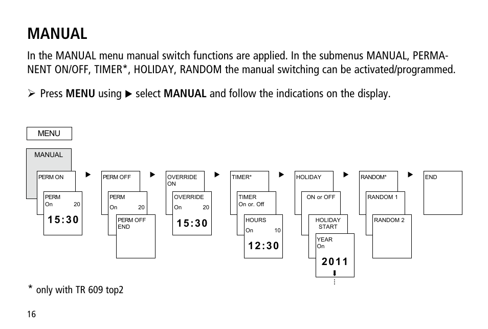 Manual, Only with tr 609 top2 | Timeguard TR 608 top2 User Manual | Page 16 / 24