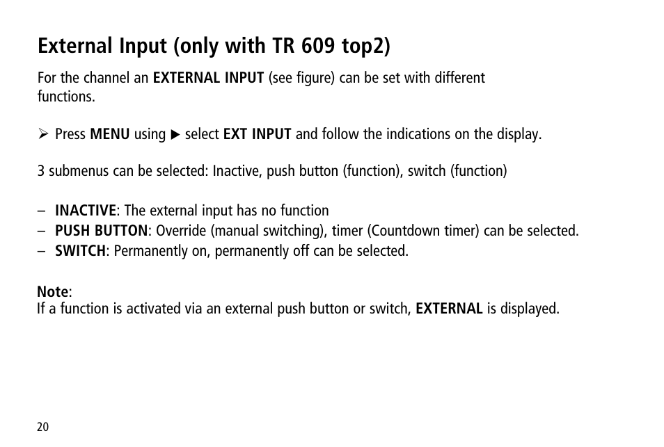 External input (only with tr 609 top2) | Timeguard TR 608 top2 User Manual | Page 20 / 24