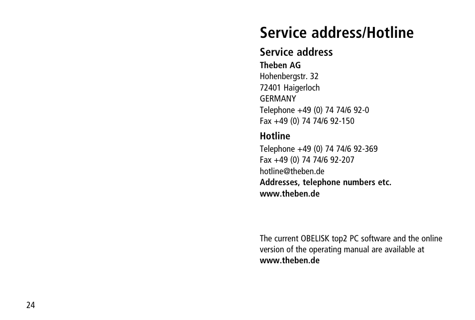 Service address/hotline | Timeguard TR 608 top2 User Manual | Page 24 / 24
