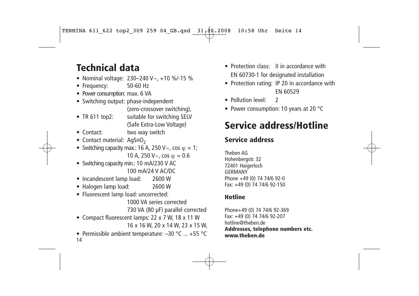 Technical data, Service address/hotline | Timeguard TR 622 top2 User Manual | Page 14 / 14