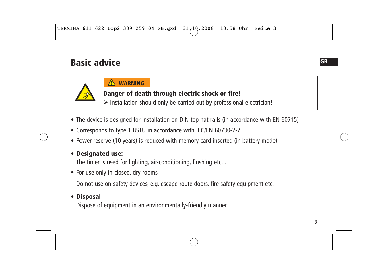 Basic advice | Timeguard TR 622 top2 User Manual | Page 3 / 14