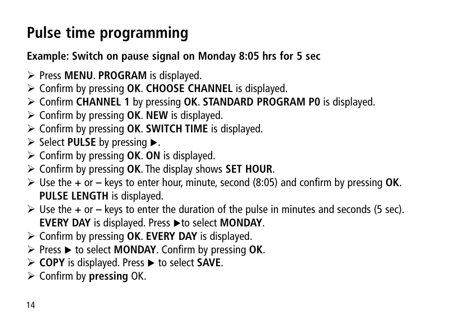 Pulse time programming | Timeguard TR 644 top2 User Manual | Page 14 / 36