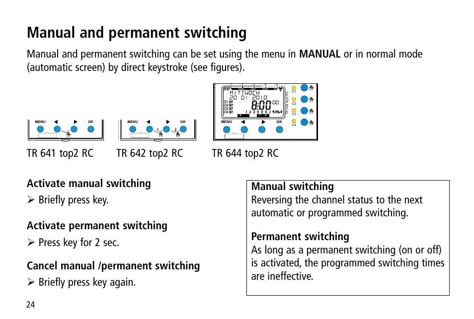 Manual and permanent switching, Tr 642 top2, Tr 644 top2 | Timeguard TR 644 top2 User Manual | Page 24 / 36
