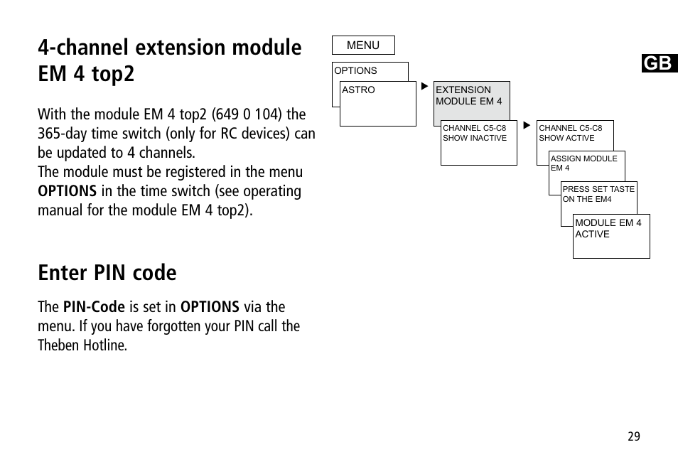 Channel extension module em 4 top2, Enter pin code | Timeguard TR 644 top2 User Manual | Page 29 / 36