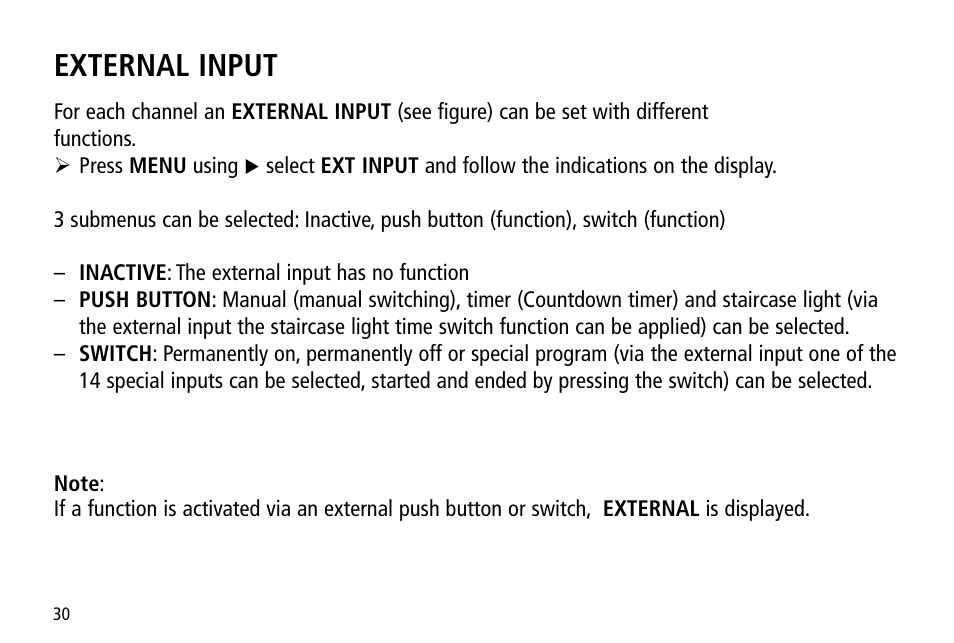 External input | Timeguard TR 644 top2 User Manual | Page 30 / 36