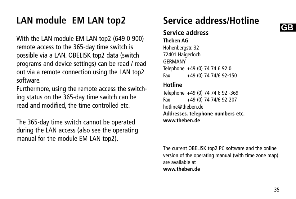 Lan module em lan top2, Service address/hotline | Timeguard TR 644 top2 User Manual | Page 35 / 36