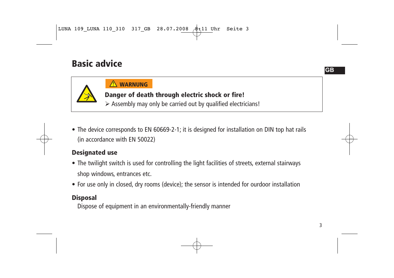 Basic advice | Timeguard LUNA 110 User Manual | Page 3 / 8