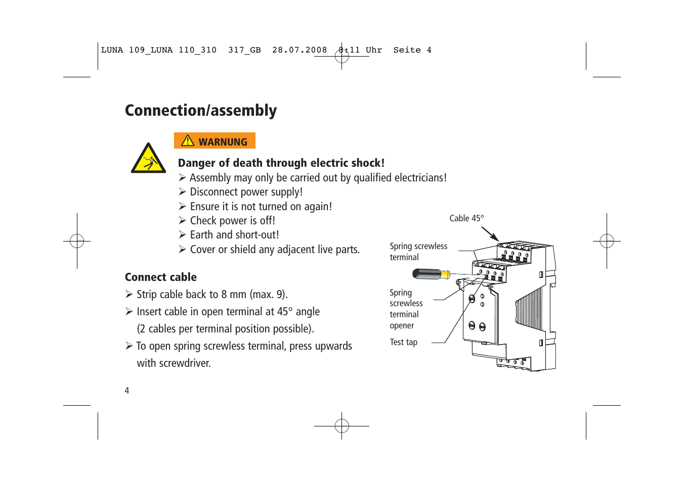 Connection/assembly | Timeguard LUNA 110 User Manual | Page 4 / 8